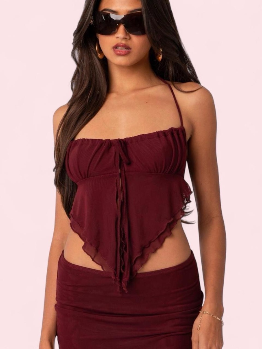 Edikted Burgundy Mesh Handkerchief Crop Top